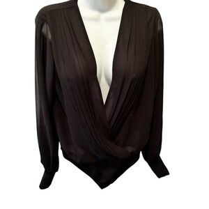 Express Plunging Chiffon Draped Black Bodysuit S Sheer Ballon Sleeve Sexy